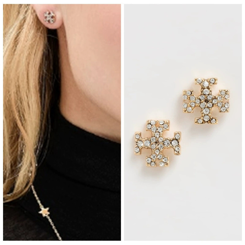 Tory Burch Vintage Gold Full Diamond Square Stud Earrings